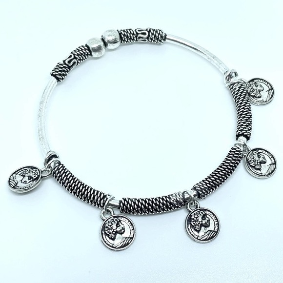Handcrafted Coin Charm Bracelet | Adjustable Tibetan Silver Boho Bangle - Picture 3 of 15